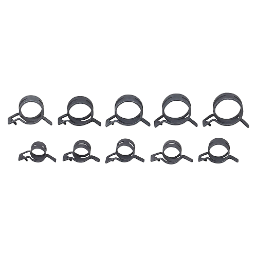 Хомуты пружин.набор 98шт.(13,14,15,16,18,20,21,22,23,24мм) самозажим.,хром-цинк,черн.,кейс
