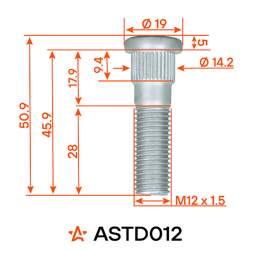 Шпилька колесная M12x1,5x28x50,9, d посадки 14,2, дакромет для а/м Toyota