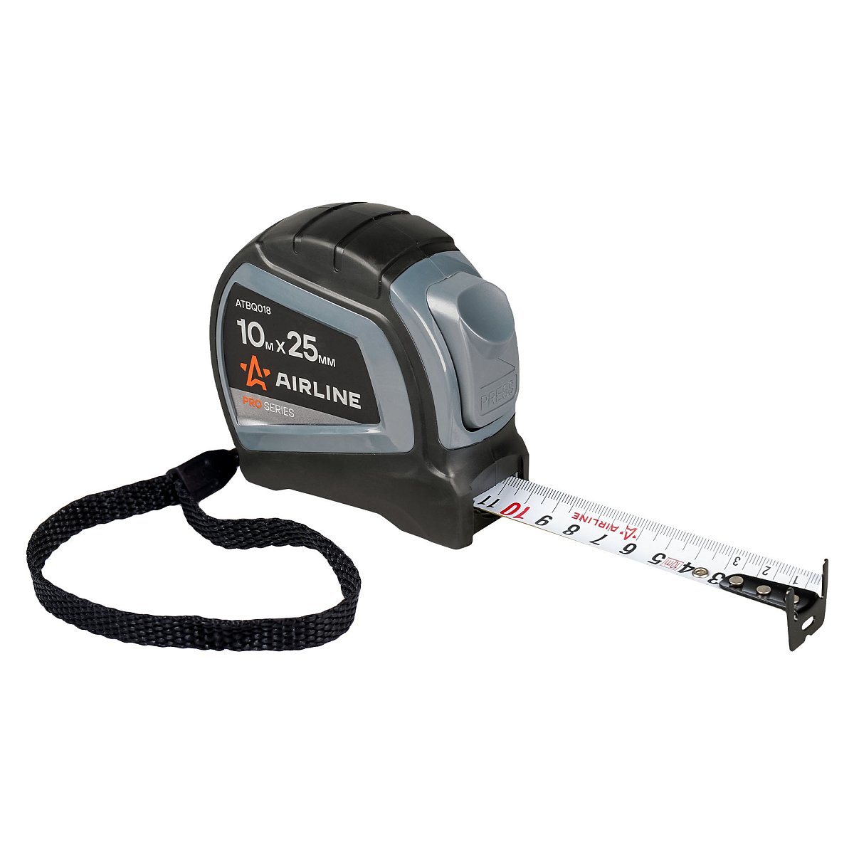 Рулетка в прорезиненном корпусе 10мх25мм PRO, автостоп, дв. зацеп, дв. шкала