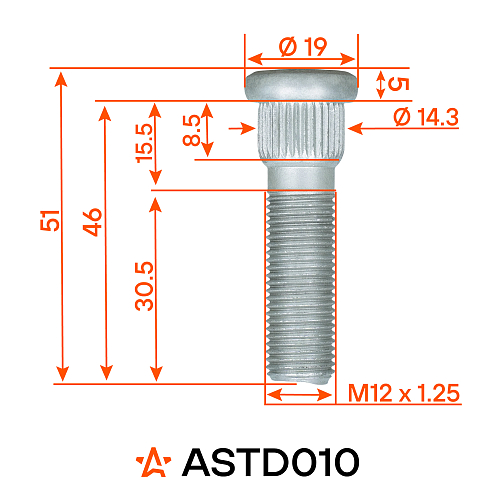Шпилька колесная M12x1,25x30,5x51, d посадки 14,3, дакромет для а/м Nissan/Subaru