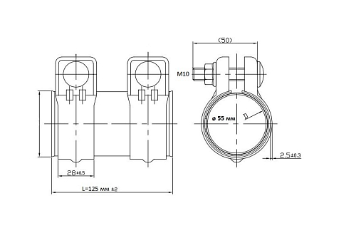 Хомут глушителя трубчатый с муфтой D=55 мм L=125 мм (нержавеющая сталь 304 SS)