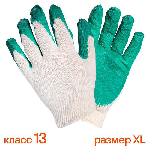 Перчатки трикотажные ХБ с латексным покрытием ладони, зеленые, (1 пара) 13 класс, модель AM_ct24ll