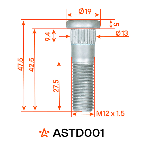 Шпилька колесная M12x1,5x27,5x47,5, d посадки 13, дакромет для а/м Hyundai/KIA/Mitsubishi