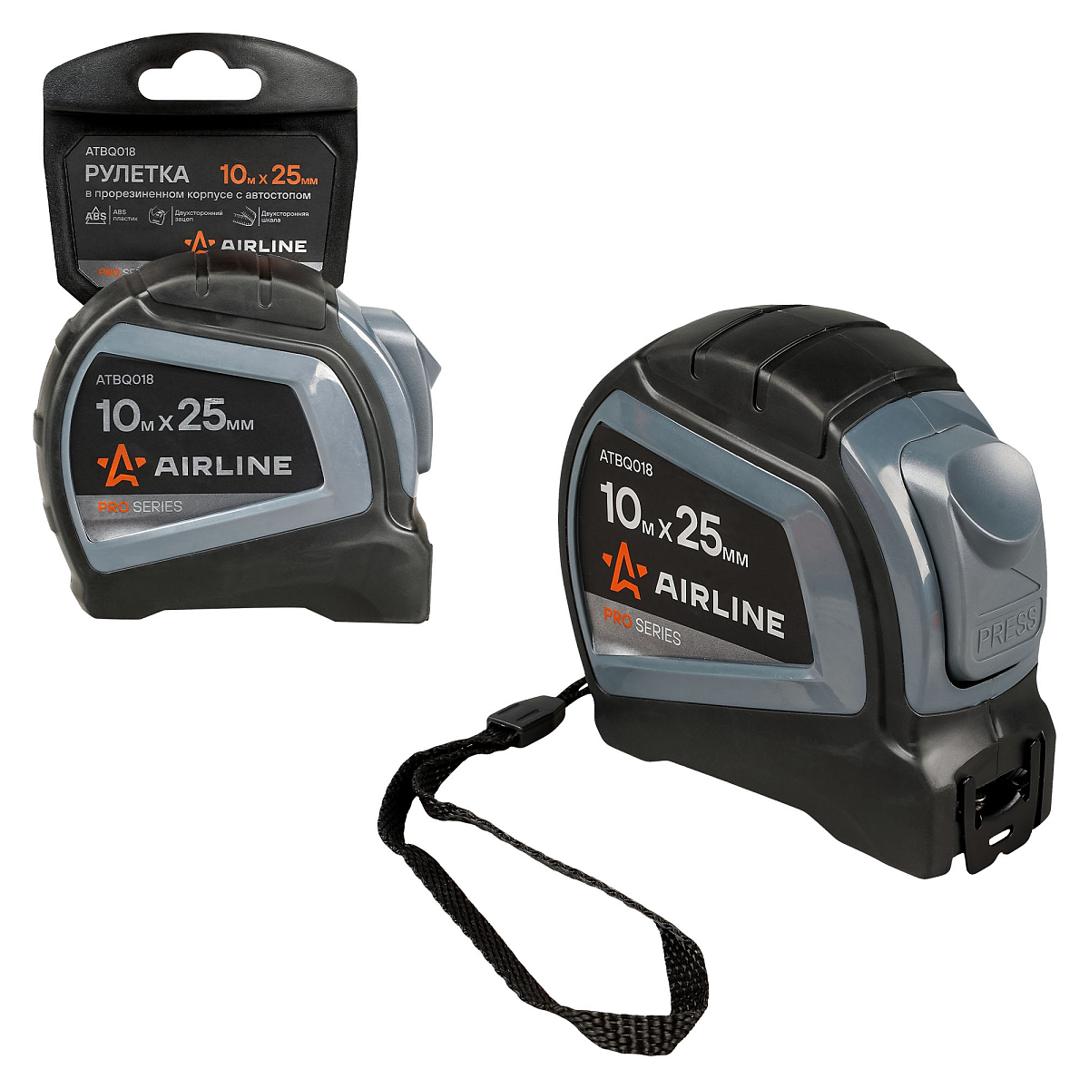 Рулетка в прорезиненном корпусе 10мх25мм PRO, автостоп, дв. зацеп, дв. шкала