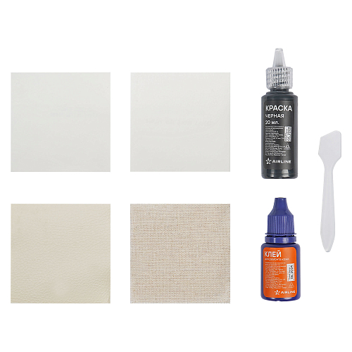 Набор для ремонта кожи 6пр.(клей спец.,краска черная,ткань подлад.,шпатель и проч.)