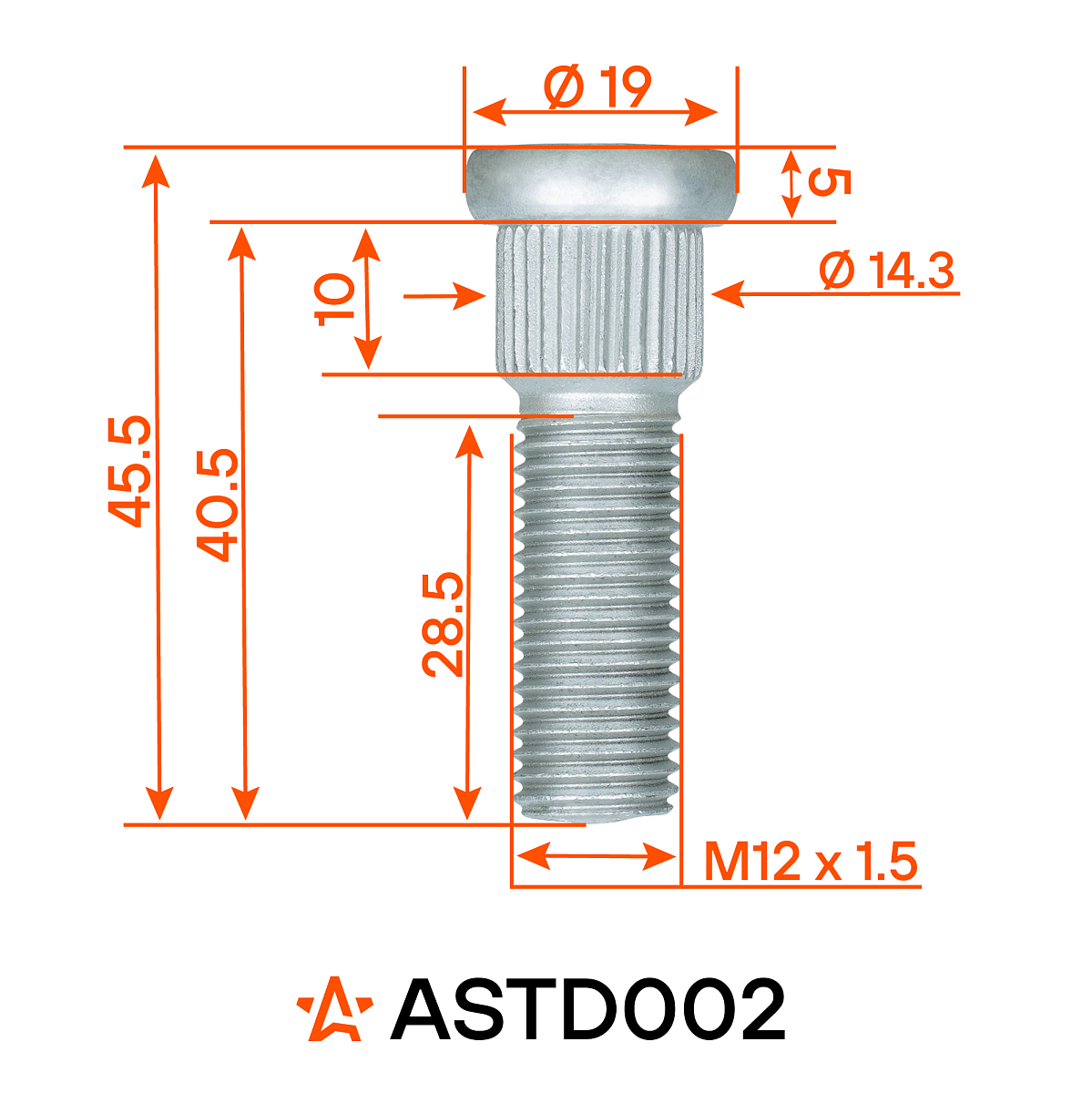 Шпилька колесная M12x1,5x28,5x45,5, d посадки 14,3, дакромет для а/м Toyota/Mazda/Hyundai