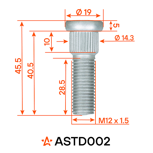 Шпилька колесная M12x1,5x28,5x45,5, d посадки 14,3, дакромет для а/м Toyota/Mazda/Hyundai