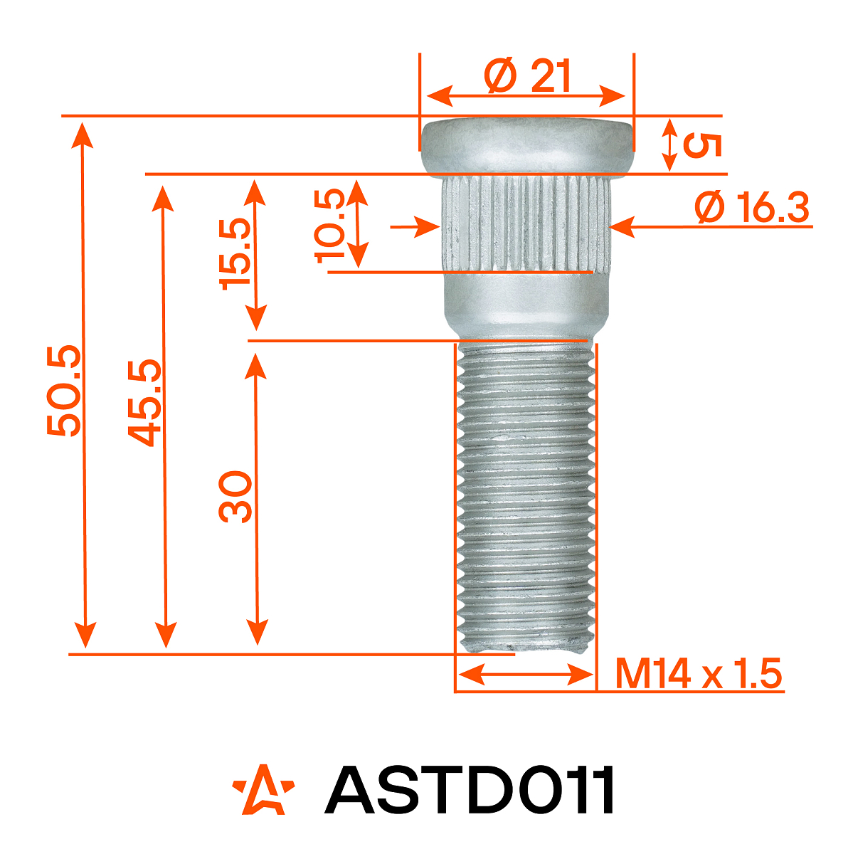 Шпилька колесная M14x1,5x30x50,5, d посадки 16,3, дакромет для а/м Toyota/Lexus