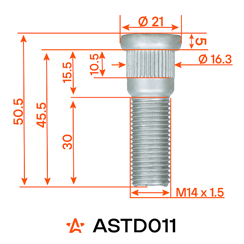 Шпилька колесная M14x1,5x30x50,5, d посадки 16,3, дакромет для а/м Toyota/Lexus