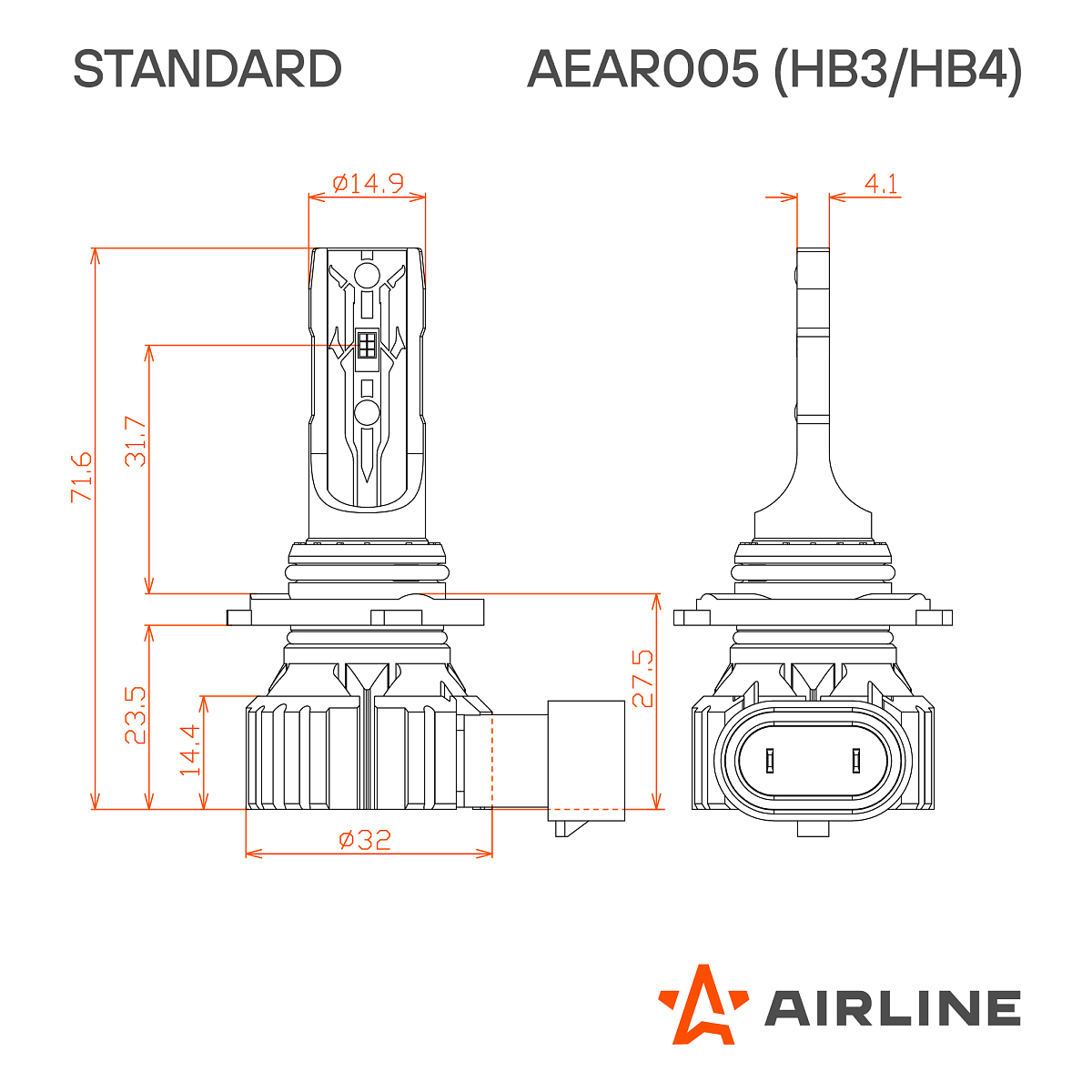 Лампа светодиодная HB3/HB4 STANDARD, 17Вт, 4000Лм (2000Лм x 2), 6000К (Белый), 12В, комплект 2 шт. МП-серия
