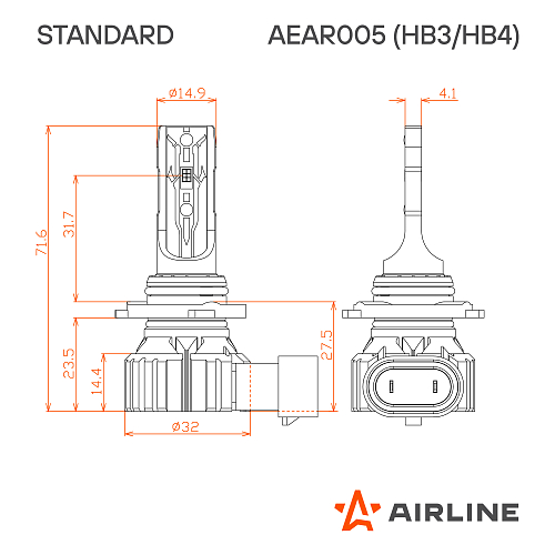 Лампа светодиодная HB3/HB4 STANDARD, 17Вт, 4000Лм (2000Лм x 2), 6000К (Белый), 12В, комплект 2 шт. МП-серия