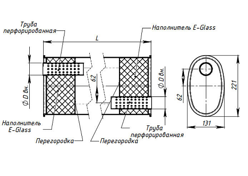 Глушитель универсальный (овальный) 131х221, L=485, d=42, смещение 62 мм (алюминизированная сталь)
