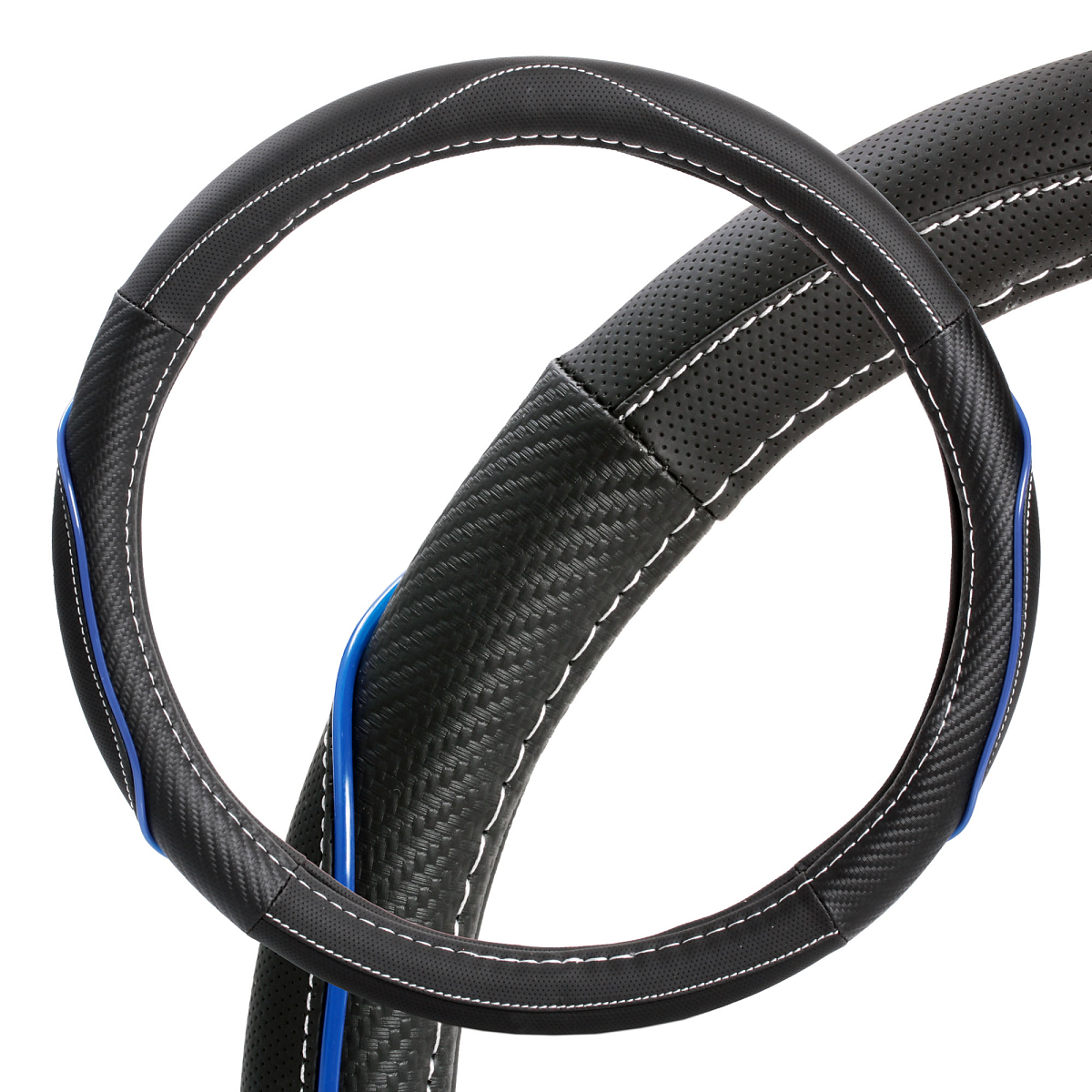 Оплетка на руль, искусст. кожа, текстура карбон, черная/синяя, бел. прошивка, 38 см/М