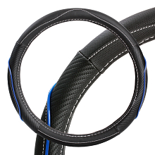 Оплетка на руль, искусст. кожа, текстура карбон, черная/синяя, бел. прошивка, 38 см/М