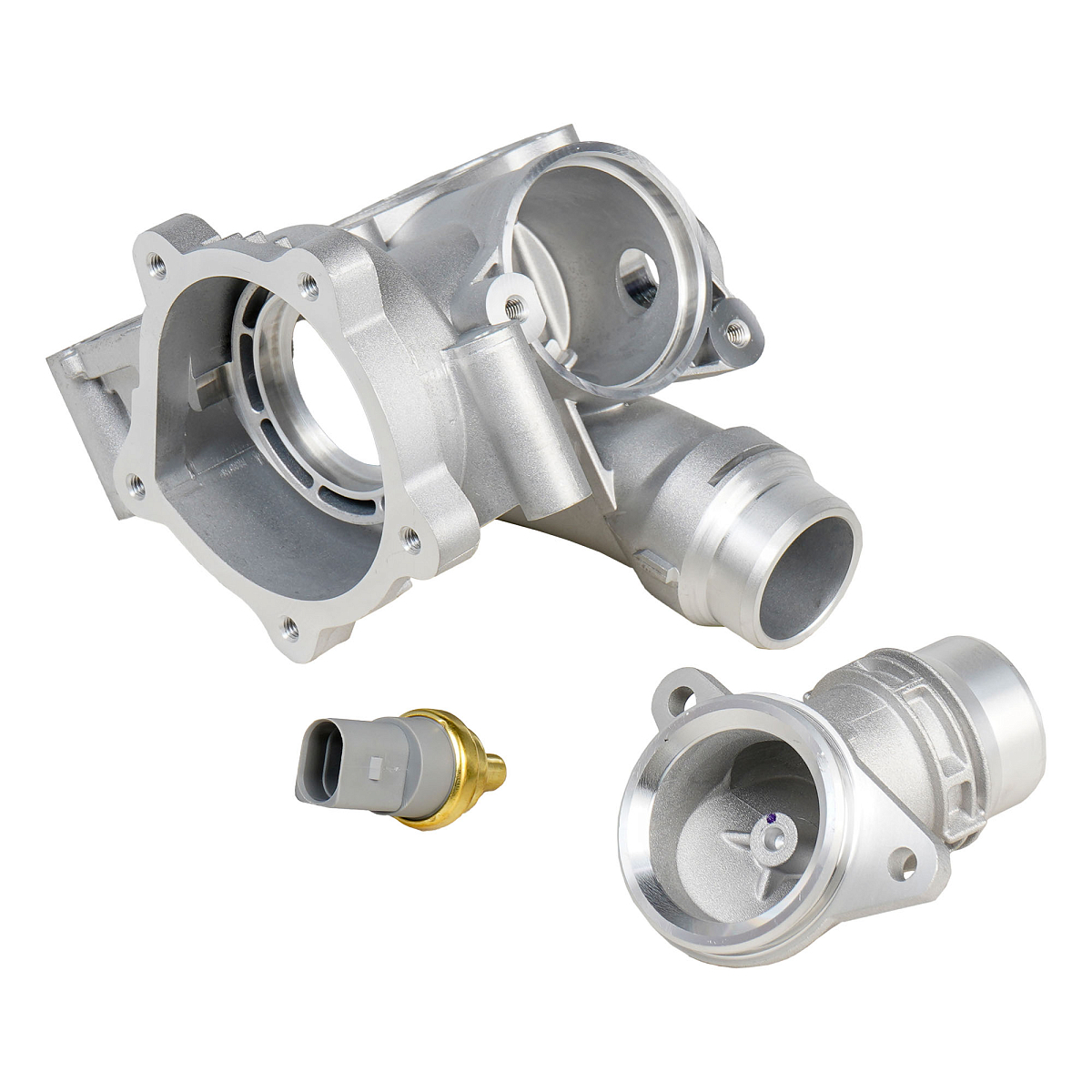 Корпус термостата для автомобилей VW Passat B6 (05-)/Skoda Octavia A5 (04-) 1.8T/2.0T (алюминиевый, с датчиком)
