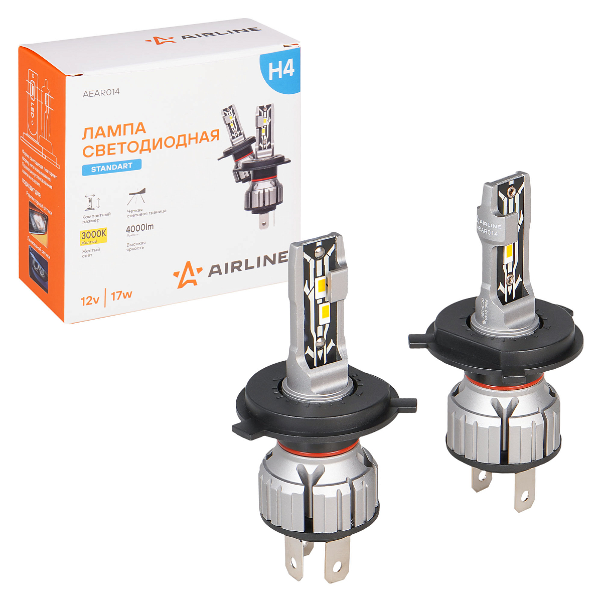 Лампа светодиодная H4 STANDARD, 17Вт, 4000Лм (2000Лм x 2), 3000К (Желтый), 12В, комплект 2 шт. МП-серия