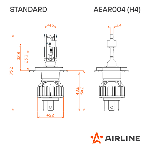 Лампа светодиодная H4 STANDARD, 17Вт, 4000Лм (2000Лм x 2), 6000К (Белый), 12В, комплект 2 шт. МП-серия