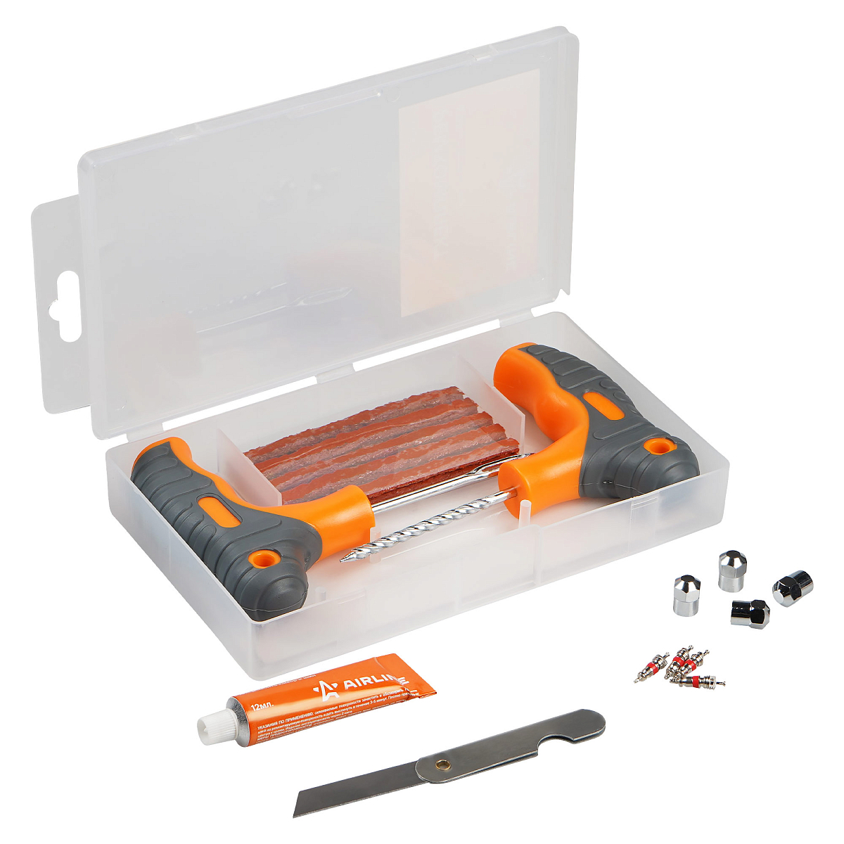 Набор для ремонта шин (прорезин.ручки, клей, шило2шт, жгуты5шт, нож, золотн.4шт, колпач.4шт)