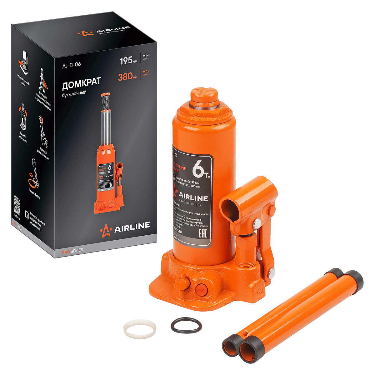 Домкрат бутылочный 6т 195-380мм PRO