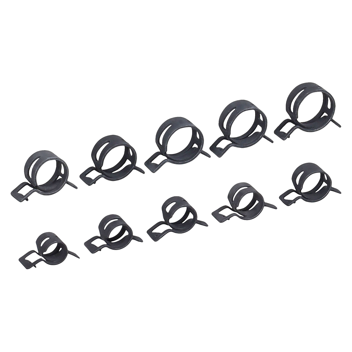 Хомуты пружин.набор 98шт.(13,14,15,16,18,20,21,22,23,24мм) самозажим.,хром-цинк,черн.,кейс