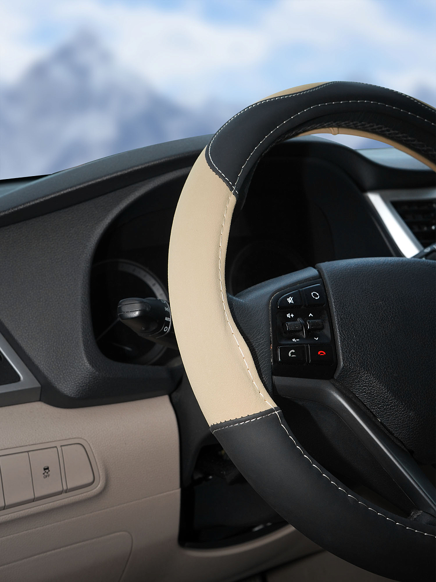 Оплетка на руль, искусственная замша/кожа, песочная/черная, 38 см / M