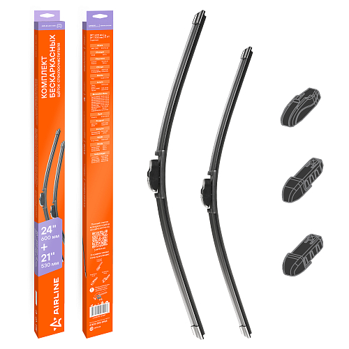 Щетки стеклоочистителя 600/530мм (24"/21") бескаркасные для а/м Volkswagen Tiguan (07-17), Mitsubishi ASX (10-)/Outlander II (06-12), Skoda Kodiaq (16-), Changan CS95 (17-), Mercedes-Benz Sprinter (95-06), комплект, 3 типа адаптеров